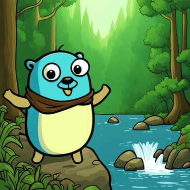 Go Blue Gopher in the style of Studio Ghibli, enjoying the nature and being at peace.