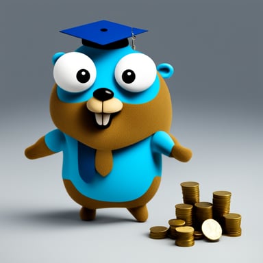 Go blue gopher throwing dollars in a white background.