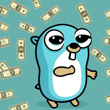 Go blue gopher throwing dollars in a white background.