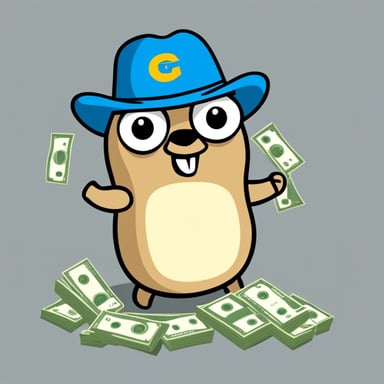 Go blue gopher throwing dollars in a white background.