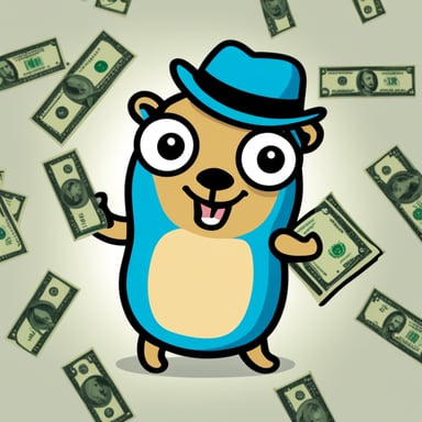 Go blue gopher throwing dollars in a white background.