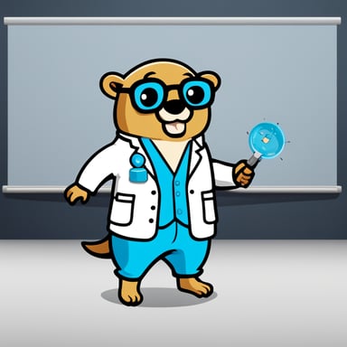 Go Blue Gopher design summary:

- Dimension: 2D
- Body Color: Sky Blue
- Background: Solid White
- Custom Features:
  - Go Blue Gopher wearing a scientist lab coat and glasses
  - Standing next to a whiteboard with an analytics chart
  - Pointing to the chart