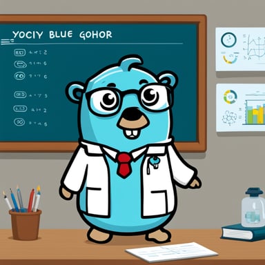 Go Blue Gopher design summary:

- Dimension: 2D
- Body Color: Sky Blue
- Background: Solid White
- Custom Features:
  - Go Blue Gopher wearing a scientist lab coat and glasses
  - Standing next to a whiteboard with an analytics chart
  - Pointing to the chart