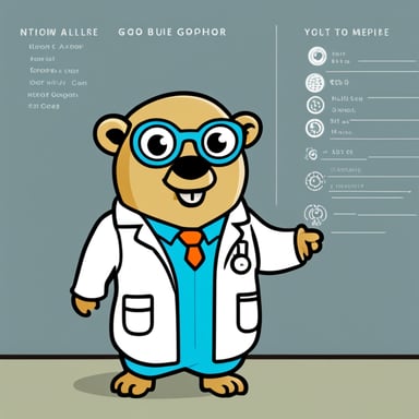 Go Blue Gopher design summary:

- Dimension: 2D
- Body Color: Sky Blue
- Background: Solid White
- Custom Features:
  - Go Blue Gopher wearing a scientist lab coat and glasses
  - Standing next to a whiteboard with an analytics chart
  - Pointing to the chart