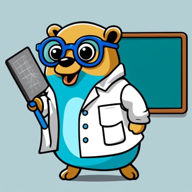 Go Blue Gopher design summary:

- Dimension: 2D
- Body Color: Sky Blue
- Background: Solid White
- Custom Features:
  - Go Blue Gopher wearing a scientist lab coat and glasses
  - Standing next to a whiteboard with an analytics chart
  - Pointing to the chart