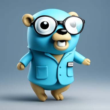 The go blue gopher stands out in its 2D form, with its default sky blue body color making it a captivating sight against the solid white background. This unique character is depicted as a blue classic gopher, but with a twist, wearing a scientist lab coat and glasses, which adds a touch of intellect and curiosity to its persona. The go blue gopher is positioned next to a whiteboard, actively engaging with it by pointing to an analytics chart displayed on the board, which could be a line graph or bar chart, suggesting a theme of analysis or discovery.