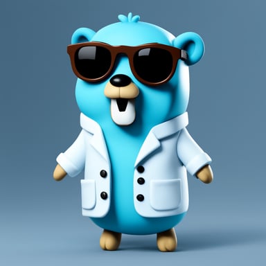 The go blue gopher stands out in its 2D form, with its default sky blue body color making it a captivating sight against the solid white background. This unique character is depicted as a blue classic gopher, but with a twist, wearing a scientist lab coat and glasses, which adds a touch of intellect and curiosity to its persona. The go blue gopher is positioned next to a whiteboard, actively engaging with it by pointing to an analytics chart displayed on the board, which could be a line graph or bar chart, suggesting a theme of analysis or discovery.