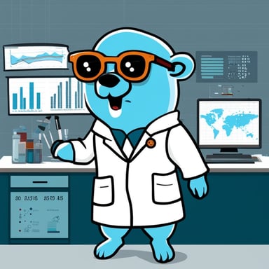 Dimension: 2D
Body Color: Default (sky blue)
Background: Solid white
Custom Features:
    Go Blue Gopher
    Wearing a scientist lab coat and glasses
    Standing next to an analytics chart (e.g., line graph or bar chart)