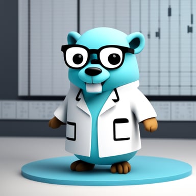 Dimension: 2D
Body Color: Default (sky blue)
Background: Solid white
Custom Features:
    Go Blue Gopher
    Wearing a scientist lab coat and glasses
    Standing next to an analytics chart (e.g., line graph or bar chart)