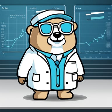 Dimension: 2D
Body Color: Default (sky blue)
Background: Solid white
Custom Features:
    Go Blue Gopher
    Wearing a scientist lab coat and glasses
    Standing next to an analytics chart (e.g., line graph or bar chart)
