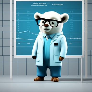 Dimension: 2D
Body Color: Default (sky blue)
Background: Solid white
Custom Features:
    Go Blue Gopher
    Wearing a scientist lab coat and glasses
    Standing next to an analytics chart (e.g., line graph or bar chart)