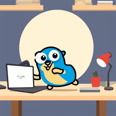 A go blue gopher handling a Google Ads logo.