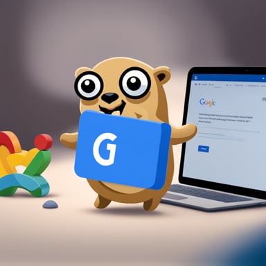 A go blue gopher handling a Google Ads logo.