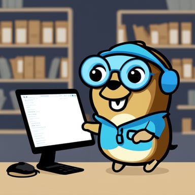 A 2D Go Blue Gopher wearing glasses, transferring information between two computers.