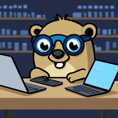 A 2D Go Blue Gopher wearing glasses, transferring information between two computers.
