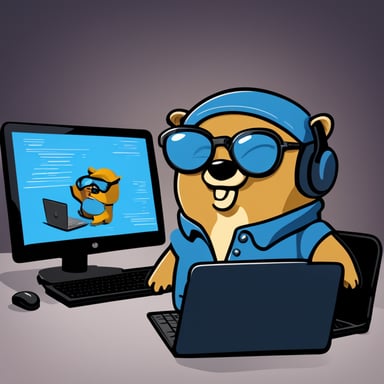 A 2D Go Blue Gopher wearing glasses, transferring information between two computers.