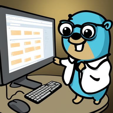 A 2D Go Blue Gopher wearing glasses, transferring information between two computers.