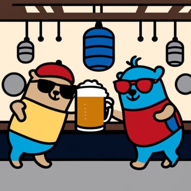 Grabbing a beer with Go Blue Gopher and red and white bars.