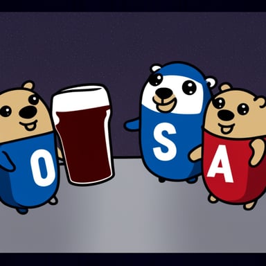Grabbing a beer with Go Blue Gopher and red and white bars.