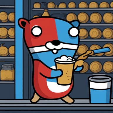 Grabbing a beer with Go Blue Gopher and red and white bars.
