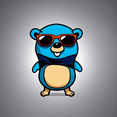 The Go Blue Gopher character is designed in a cool, cartoon style, complete with sunglasses and a confident attitude. This Go Blue Gopher is depicted wearing stylish, modern sunglasses, showcasing a sleek, techy vibe. Standing upright with a slight grin, its bold and vibrant colors, primarily blue, make it stand out. The background is abstract and minimalistic, emphasizing the Go Blue Gopher as a striking, futuristic profile picture. This design is eye-catching and perfect for an avatar.