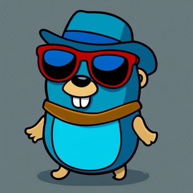 The Go Blue Gopher character is designed in a cool, cartoon style, complete with sunglasses and a confident attitude. This Go Blue Gopher is depicted wearing stylish, modern sunglasses, showcasing a sleek, techy vibe. Standing upright with a slight grin, its bold and vibrant colors, primarily blue, make it stand out. The background is abstract and minimalistic, emphasizing the Go Blue Gopher as a striking, futuristic profile picture. This design is eye-catching and perfect for an avatar.