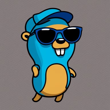 The Go Blue Gopher character is designed in a cool, cartoon style, complete with sunglasses and a confident attitude. This Go Blue Gopher is depicted wearing stylish, modern sunglasses, showcasing a sleek, techy vibe. Standing upright with a slight grin, its bold and vibrant colors, primarily blue, make it stand out. The background is abstract and minimalistic, emphasizing the Go Blue Gopher as a striking, futuristic profile picture. This design is eye-catching and perfect for an avatar.
