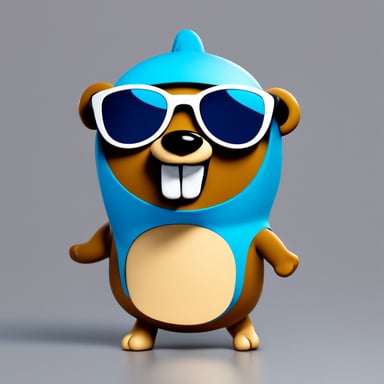 The Go Blue Gopher character is designed in a cool, cartoon style, complete with sunglasses and a confident attitude. This Go Blue Gopher is depicted wearing stylish, modern sunglasses, showcasing a sleek, techy vibe. Standing upright with a slight grin, its bold and vibrant colors, primarily blue, make it stand out. The background is abstract and minimalistic, emphasizing the Go Blue Gopher as a striking, futuristic profile picture. This design is eye-catching and perfect for an avatar.