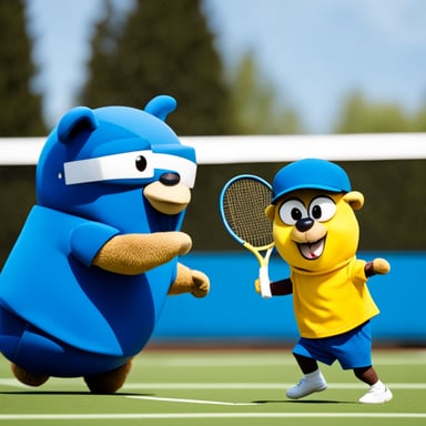 Go Blue Gopher playing football with a tennis player.
