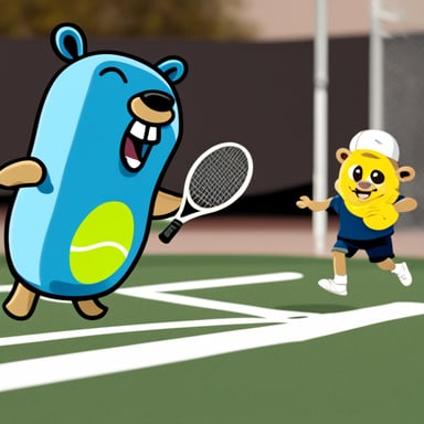 Go Blue Gopher playing football with a tennis player.