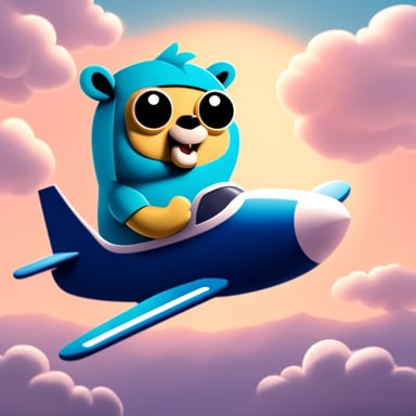Go Blue Gopher sitting on an airplane in a cloud.