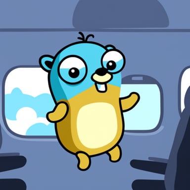Go Blue Gopher sitting on an airplane in a cloud.
