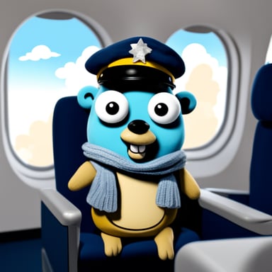 Go Blue Gopher sitting on an airplane in a cloud.