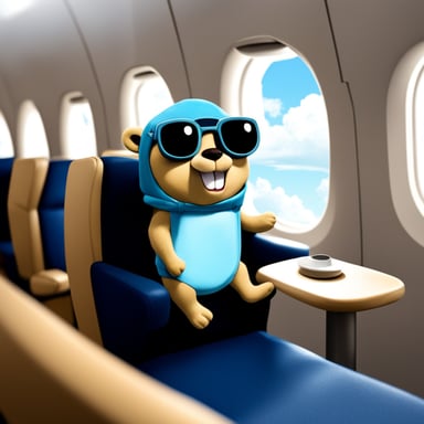 Go Blue Gopher sitting on an airplane in a cloud.