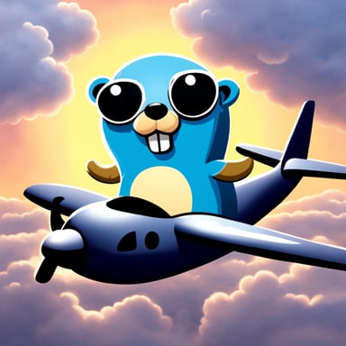 Go Blue Gopher sitting on top of a plane with clouds around the plane.