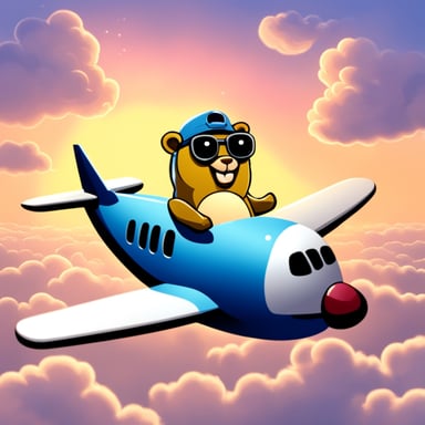 Go Blue Gopher sitting on top of a plane with clouds around the plane.