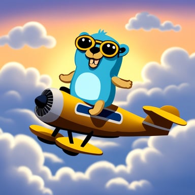 Go Blue Gopher sitting on top of a plane with clouds around the plane.