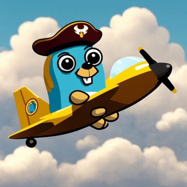 Go Blue Gopher sitting on top of a plane with clouds around the plane.