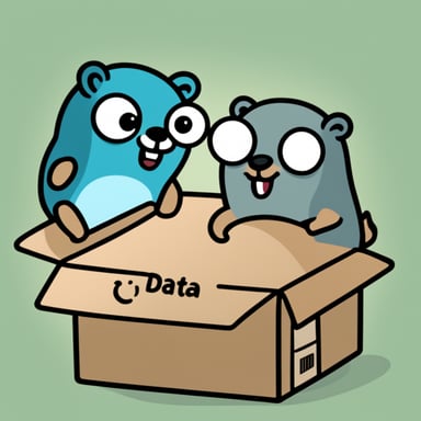 An image with 2 gophers, Go Blue Gopher is sending a package to another gopher. The package is labelled as data.