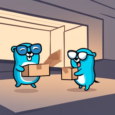 An image with 2 gophers, Go Blue Gopher is sending a package to another gopher. The package is labelled as data.