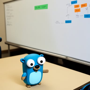 Go Blue Gopher stays near the whiteboard. On the whiteboard is printed a block diagram of stack and heap.