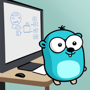 Go Blue Gopher stays near the whiteboard. On the whiteboard is printed a block diagram of stack and heap.