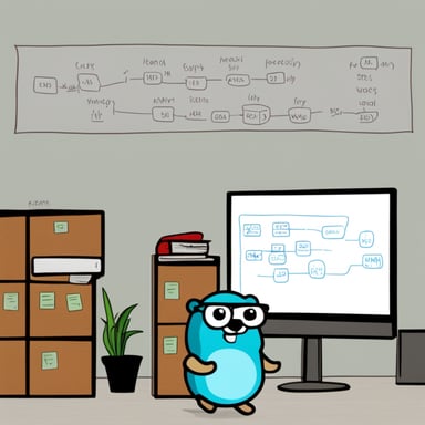 Go Blue Gopher stays near the whiteboard. On the whiteboard is printed a block diagram of stack and heap.