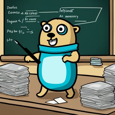 Go Blue Gopher stands beside a chalkboard, holding a pointer with a determined expression. On the board behind it, a simple diagram illustrates the memory layout in Go: a neatly labeled Stack and a sprawling, chaotic Heap. Go Blue Gopher appears to be explaining the complexities of memory management to an invisible audience. Below the board, scribbled notes read: 'Efficient memory usage: beyond just leaks!' It's clear Go Blue Gopher is on a mission to untangle the mysteries of allocation and fragmentation in Go.