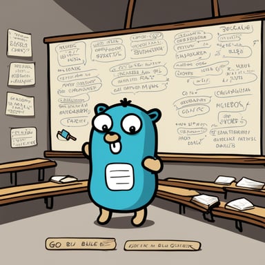 Go Blue Gopher stands beside a chalkboard, holding a pointer with a determined expression. On the board behind it, a simple diagram illustrates the memory layout in Go: a neatly labeled Stack and a sprawling, chaotic Heap. Go Blue Gopher appears to be explaining the complexities of memory management to an invisible audience. Below the board, scribbled notes read: 'Efficient memory usage: beyond just leaks!' It's clear Go Blue Gopher is on a mission to untangle the mysteries of allocation and fragmentation in Go.