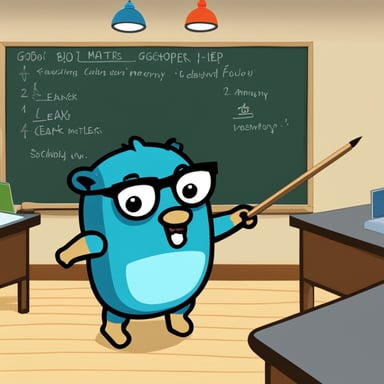 A determined Go Blue Gopher stands next to a chalkboard, holding a pointer. On the board are simple diagrams labeled 'Heap' and 'Stack,' with arrows showing data flow and memory boundaries. The Go Blue Gopher looks animated, as if passionately teaching about Go's memory management. Beneath the drawing, bold text reads: 'Memory Matters: Beyond Leaks.'