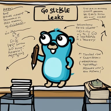 A determined Go Blue Gopher stands next to a chalkboard, holding a pointer. On the board are simple diagrams labeled 'Heap' and 'Stack,' with arrows showing data flow and memory boundaries. The Go Blue Gopher looks animated, as if passionately teaching about Go's memory management. Beneath the drawing, bold text reads: 'Memory Matters: Beyond Leaks.'