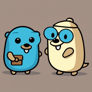 A 2D digital illustration of two golang gophers in a cartoon style. The first gopher, Go Blue Gopher, is handing over a small brown package with the word data written on it to the second gopher. Both gophers are standing upright and facing each other. They have round blue bodies, large white eyes with black pupils, two front teeth, and small round ears. Each gopher is wearing simple round glasses specs but has no clothes. The background is an abstract design with soft colors. The art style should be clean, friendly, and simple with smooth lines and soft shading, similar to official golang gopher illustrations.
