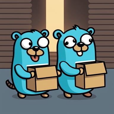 A 2D digital illustration of two golang gophers in a cartoon style. The first gopher, Go Blue Gopher, is handing over a small brown package with the word data written on it to the second gopher. Both gophers are standing upright and facing each other. They have round blue bodies, large white eyes with black pupils, two front teeth, and small round ears. Each gopher is wearing simple round glasses specs but has no clothes. The background is an abstract design with soft colors. The art style should be clean, friendly, and simple with smooth lines and soft shading, similar to official golang gopher illustrations.