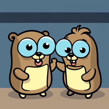 A 2D digital illustration of two golang gophers in a cartoon style. The first gopher, Go Blue Gopher, is handing over a small brown package with the word data written on it to the second gopher. Both gophers are standing upright and facing each other. They have round blue bodies, large white eyes with black pupils, two front teeth, and small round ears. Each gopher is wearing simple round glasses specs but has no clothes. The background is an abstract design with soft colors. The art style should be clean, friendly, and simple with smooth lines and soft shading, similar to official golang gopher illustrations.
